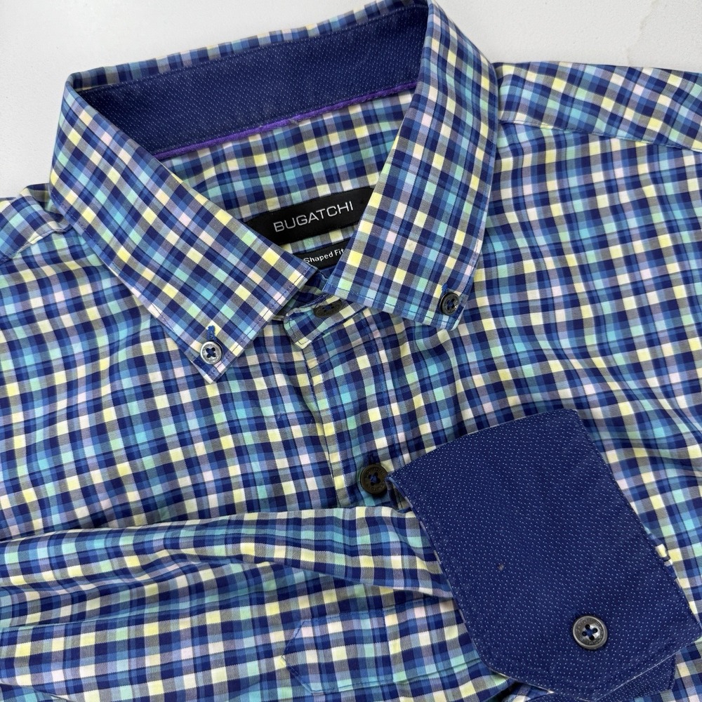 Bugatchi Button Down Shirt Mens L (SEE MEASUREMENTS) Purple Check Shaped Fit‎